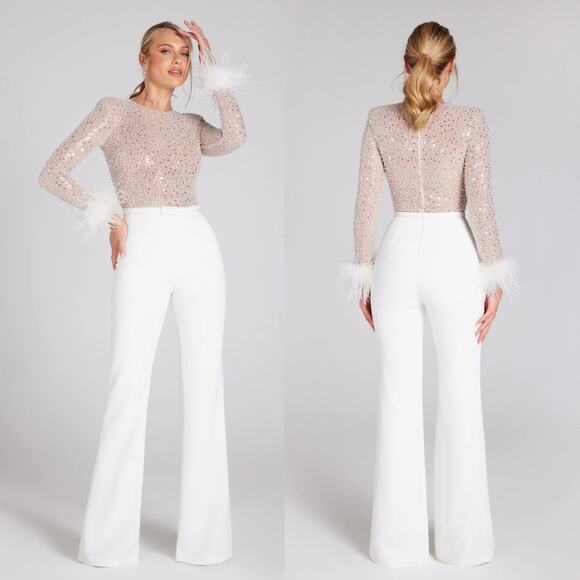 NEW Nadine Merabi Amelia Sequin Mesh Jumpsuit White Size‎ XS - Picture 1 of 14